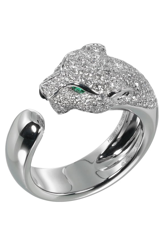 Pre-Owned Cartier Panthre ring, size 18, 18K white gold with diamonds and emeralds,... (Good)