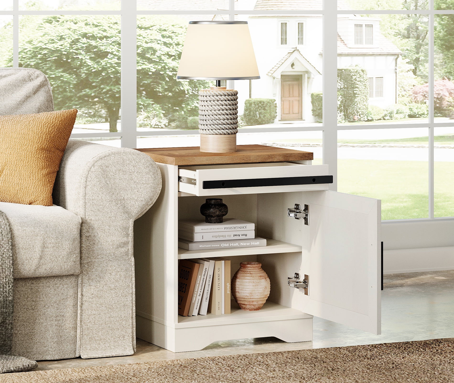 WAMPAT 24.3-inch Tall Farmhouse End Table with Drawer and Barn Door Cabinet for Living Room,Wood Scoring-Style Purposeful Distressing,Cream White
