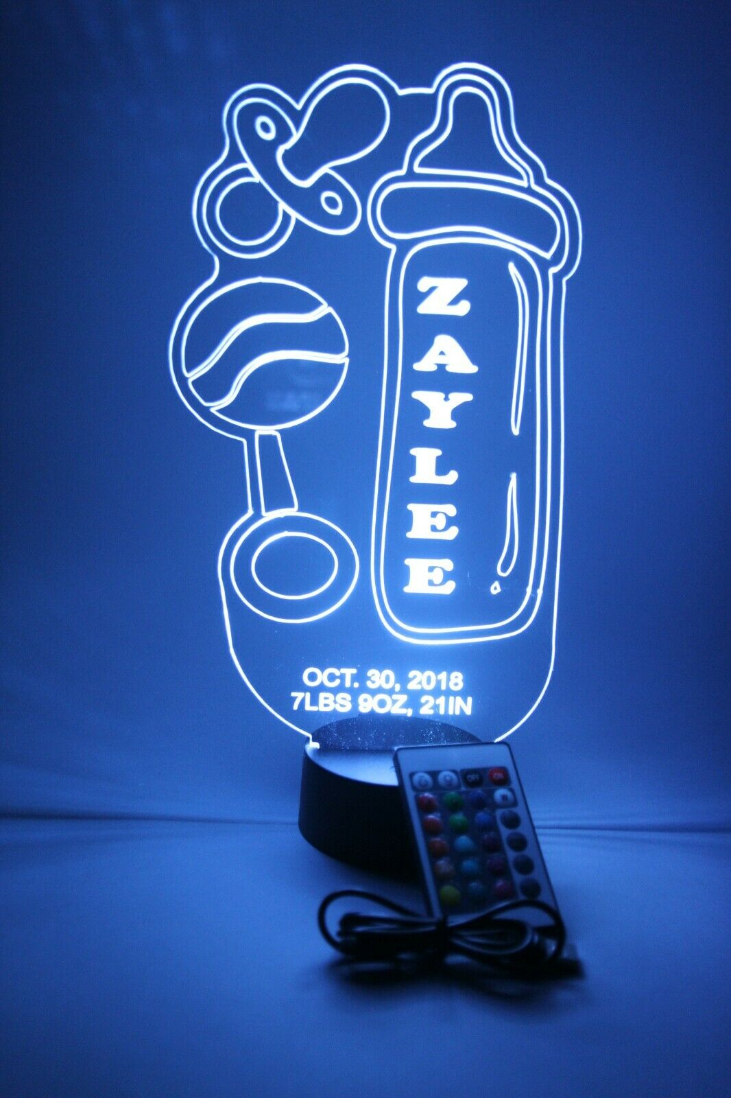 Baby Bottle & Rattle Night Light Up Lamp Personalized LED Nursery Decor Baby Gift LED Free Engraved Custom Name and Birthday With Remote, 16 Color Options, Dimmer, It's WOW, Great Baby Gift