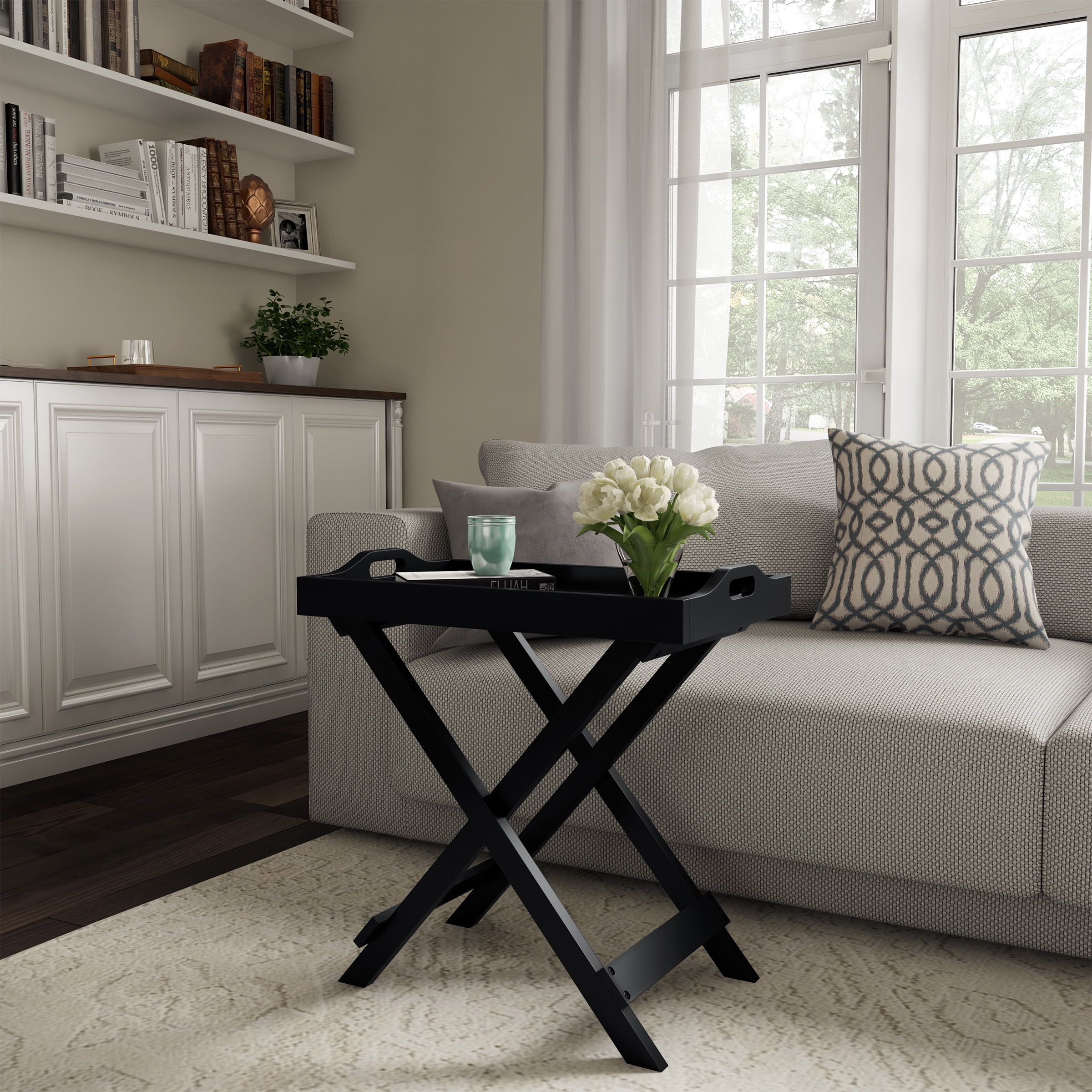 Lavish Home Folding End Table with Removable TV Tray, Black