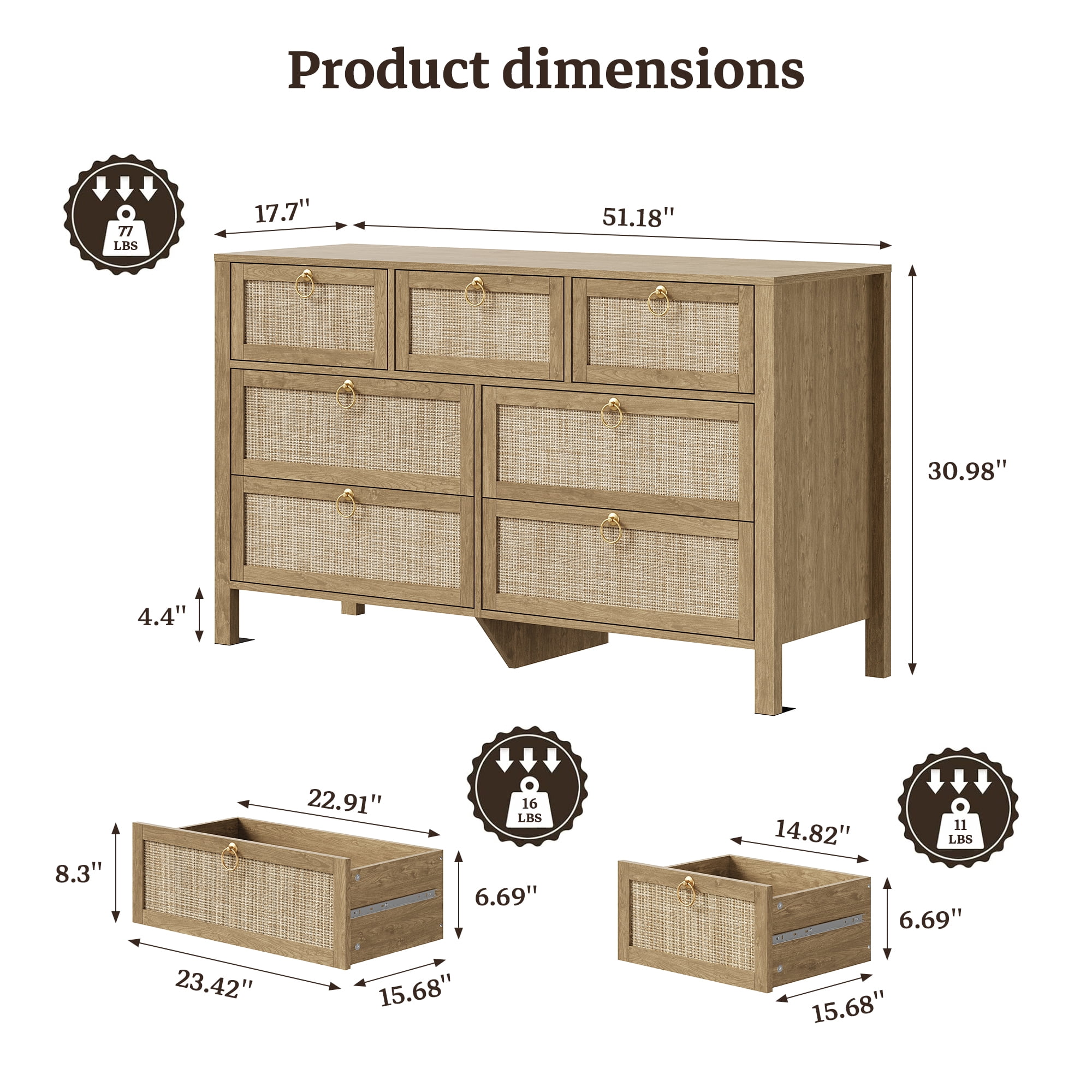 SICOTAS 51.18" Wide Boho Dresser with 7 Storage Drawers,Rattan Chest of Drawer for Bedroom, Large Capacity Organizer TV Center for Living Room in Carbon Cherry Oak