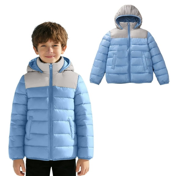 Boy Winter Coat with Hooded Puffer Jacket Kids Color Block Coat Zipper Long Sleeve Lightweight Waterproof Jacket Kids Boys Jacket Size 15-16 Years