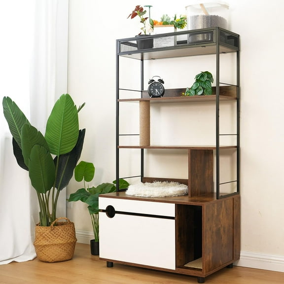 Cat Litter Box Enclosure with Shelves,Hidden Litter Box with Scratching Posts, Litter Box Furniture