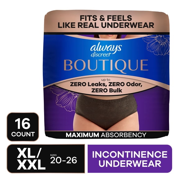 Always Discreet Boutique Incontinence Underwear, Maximum Protection, XL, Black, 16 Count