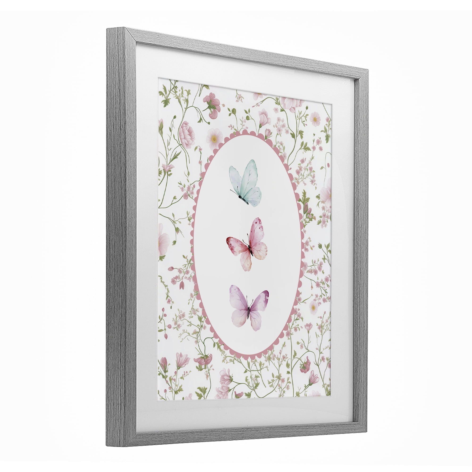 Delicate Florals & Butterfly Gray Framed Print Under Glass, design by Christine Simpson Art