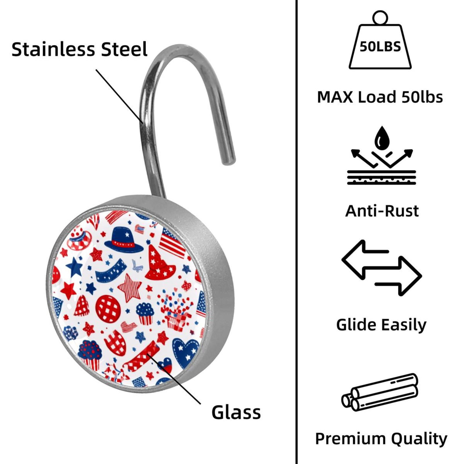 12pcs Decorative Shower Curtain Hooks, Rust Resistant Shower Rings for Bathroom Living Room,Rustproof Stainless Steel Rings for Shower Curtain and Liner Rods,4th of July Hats
