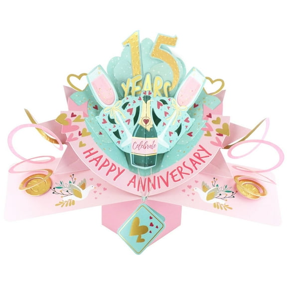 15 years Happy 15th Anniversary Love Kates Pop-Up Card with Champagne & Hearts POP216