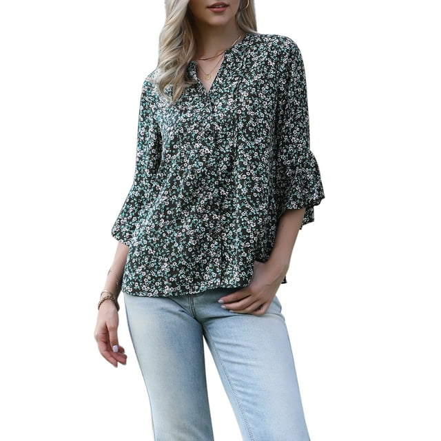 INSPIRAR CHIC Blusas de Manga 3/4 para Mujeres, Cuello en V, Flores, Mangas con Volantes, Elegantes y Casuales, Túnicas de Verano, Camisetas S, Negro