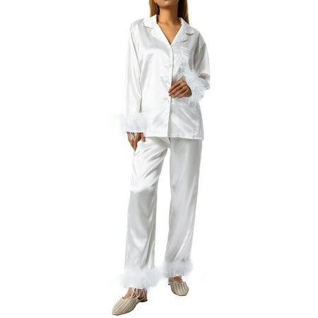 

wsevypo Stain Long Sleeve Button Down Pajamas Suit with Feather Trim Solid Color Sleepwear Set Summer Nightwear