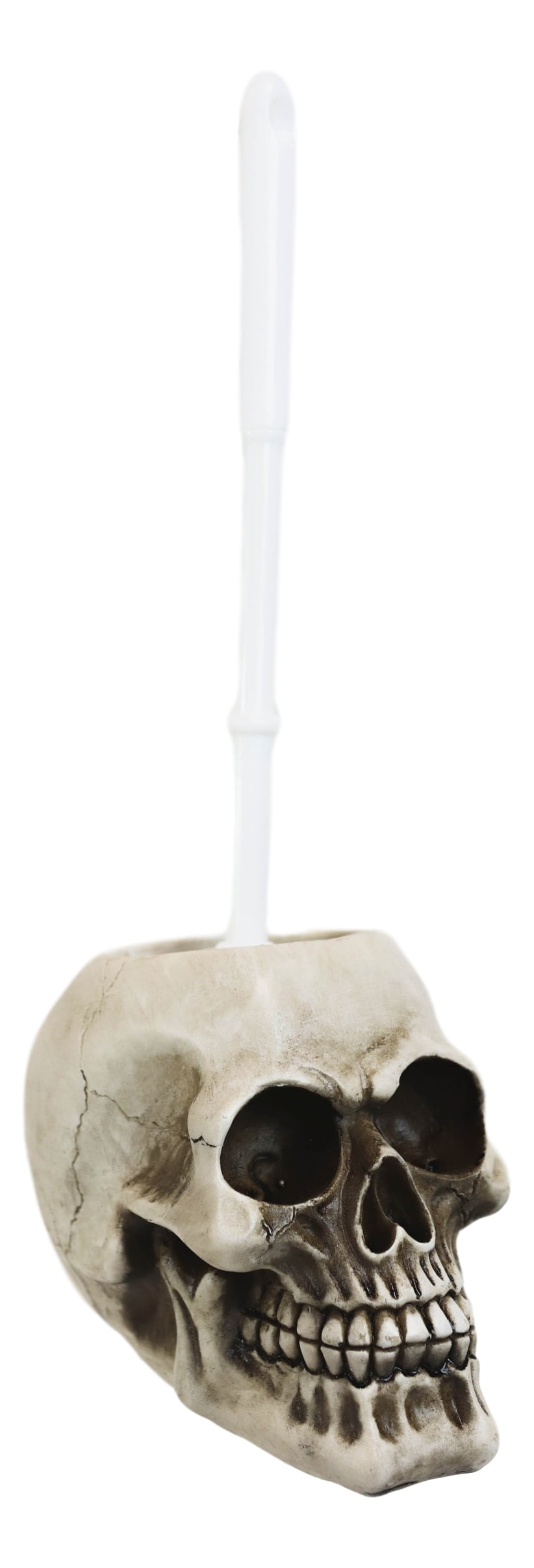Macabre Grinning Skull Cranium Toilet Brush & Base Holder Bathroom 2 Piece Set