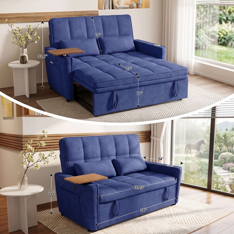 Anpport 3‑in‑1 Convertible Sleeper Sofa Bed, Pull‑Out Sofa with Side Desk, USB Ports, Cup Holders, Storage Armrests & Adjustable Backrest for Living Room Apartment, Blue