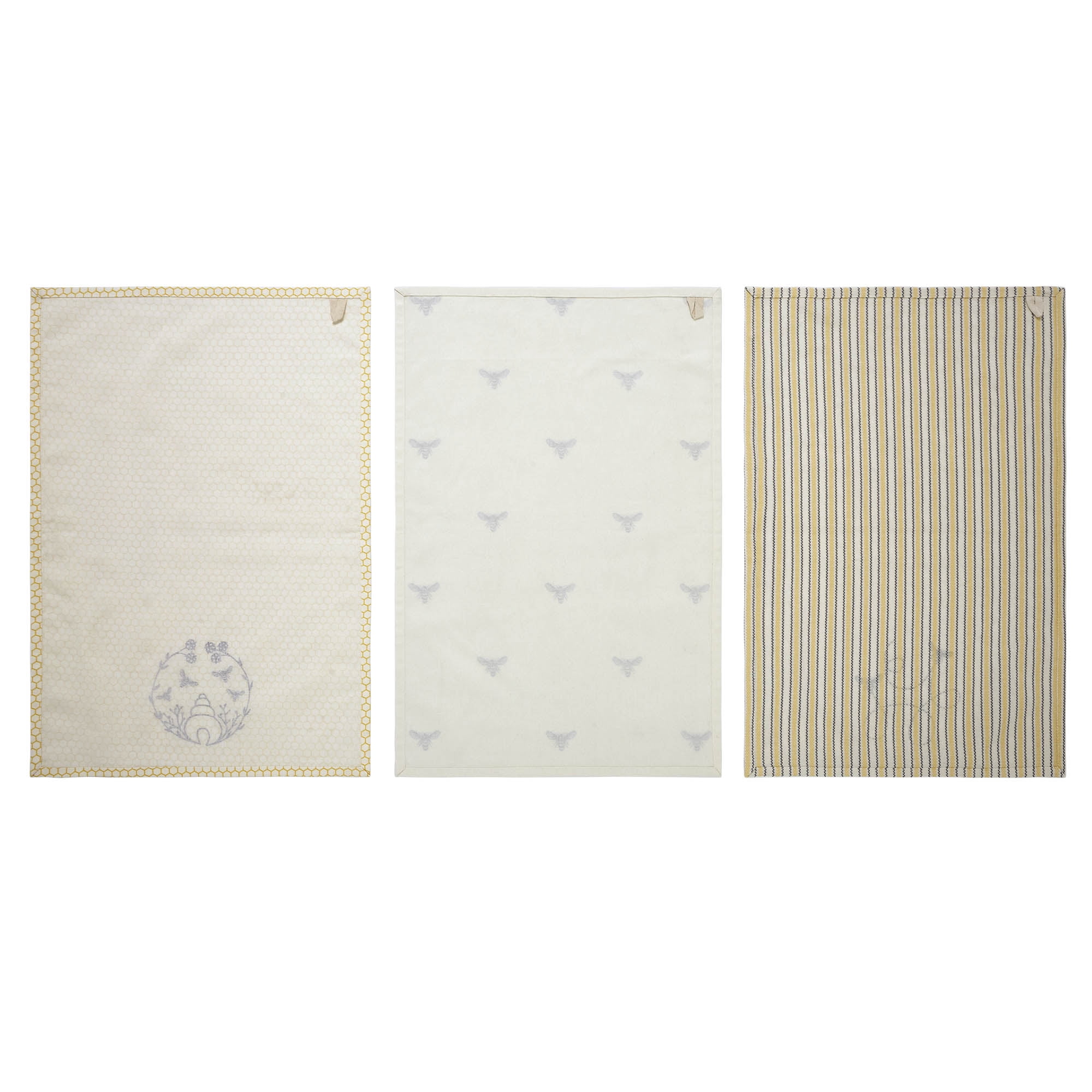 VHC Brands Cotton Kitchen Towel set of 3, Distressed Appearance, Tea Towel, Dish Towels, Buzzy Bees Collection, Rectangle 28x19, Vintage Yellow