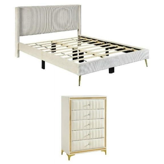 Home Square 2-Piece Set with Platform Full Bed & 5 Drawer Chest in Cream