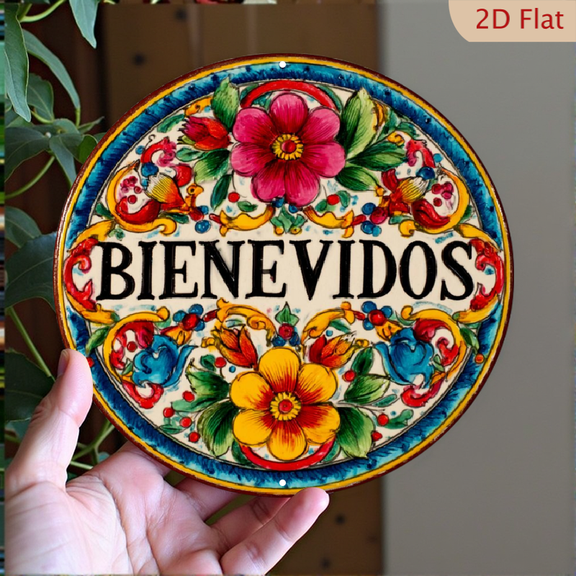 Welcome Sign, Mexican Talavera Style Floral Decor, 8" Round Aluminum Wall Art Sign, Metal Signs, Wall Decor For Kitchen, Door, Office, Bedroom Decor, Best Gifts For Room, Home, Bathroom Decor, 2D