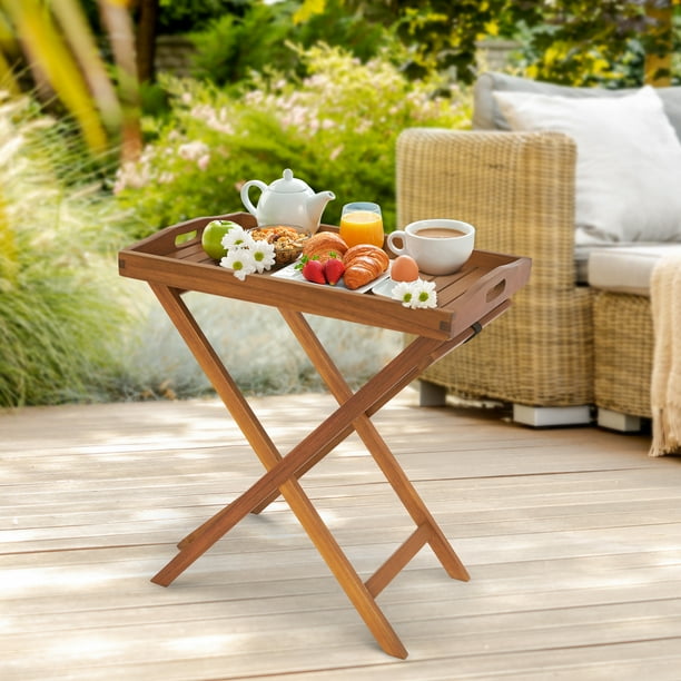 UBesGoo Wooden Serving Tray with Handle for Outdoor and Indoor Patio Folding Tray Table Wood Rectangle Tray