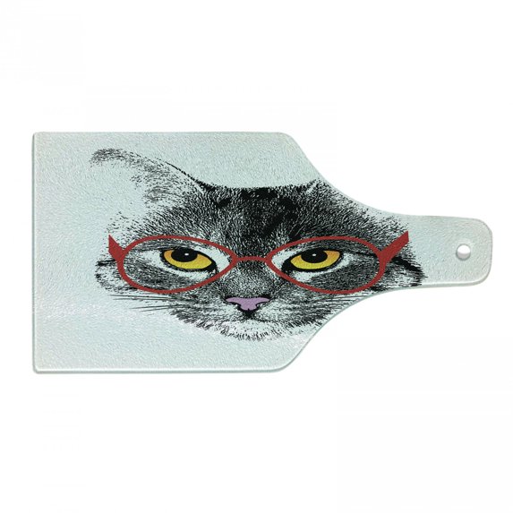 Cat Cutting Board, Wise Nerd Pet Glasses Judging the World Humor Digital Style Art Illustration, Decorative Tempered Glass Cutting and Serving Board, Wine Bottle Shape, Black White Red, by Ambesonne