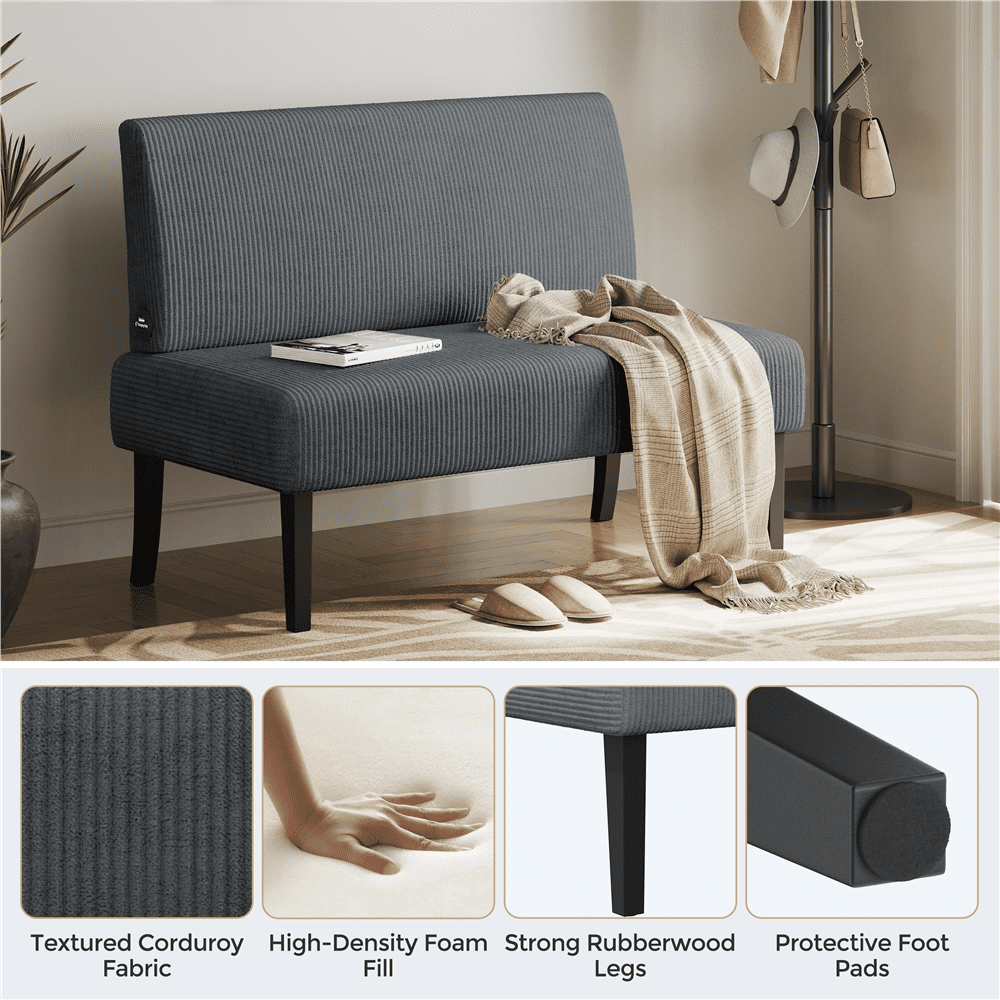 Renwick Corduroy Armless Loveseat with Strong Rubberwood Legs & USB Ports for Small Spaces, Dark Gray