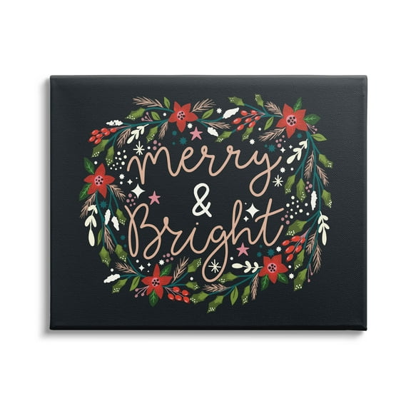 Merry & Bright Poinsettia Wreath Holiday Graphic Art Gallery Wrapped Canvas Print Wall Art