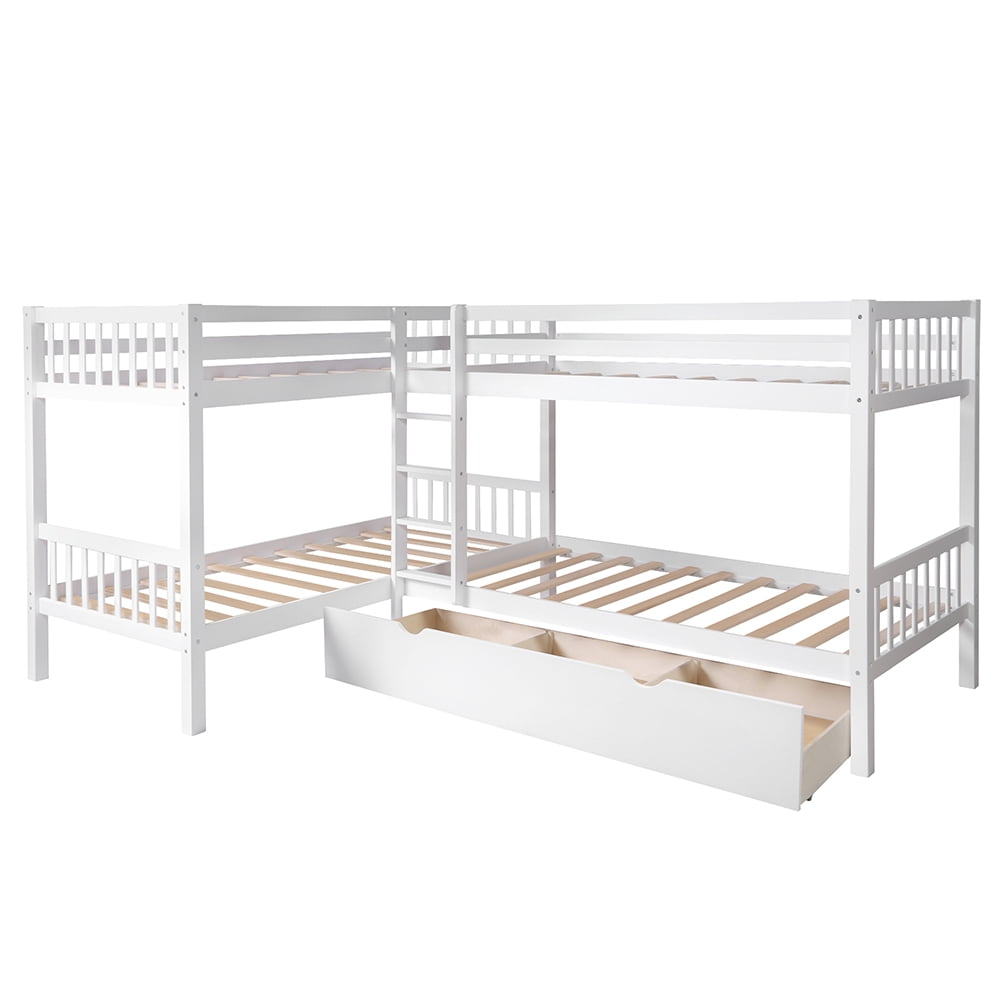 Kepooman Twin Size Modern Wooden L-Shaped Bunk Bed with 3 Drawers for Bedroom Dorm, 120.6" x 80.6" x 62.5", White Kepooman Twin Size Modern Wooden L-Shaped Bunk Bed with 3 Drawers for Bedroom Dorm, 120.6" x 80.6" x 62.5", White