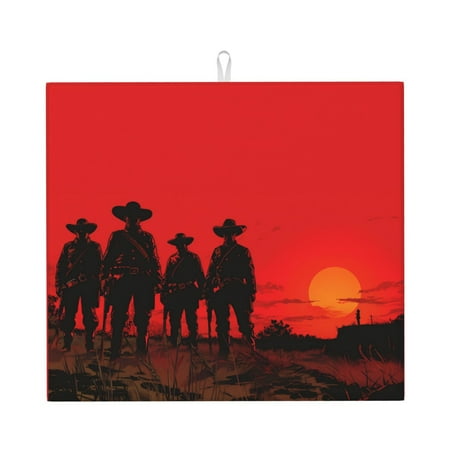 

Dish Drying Mats for Kitchen Counter - Sunset Western Prairie Cowboys 16x18In Anti-Slip Absorbent Microfiber Drying Mat for Kitchen Counter Mat Dish Rack Mat with Hanging Loop