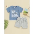 thumbnail image 2 of Bslissey Toddler Baby Boys Summer Clothes Short Sleeve Letter Print T-shirt Tops + Elastic Waist Shorts 2Pcs Outfits 6M 12M 18M 24M 3T Infant Casual Short Pants Sets, 2 of 9