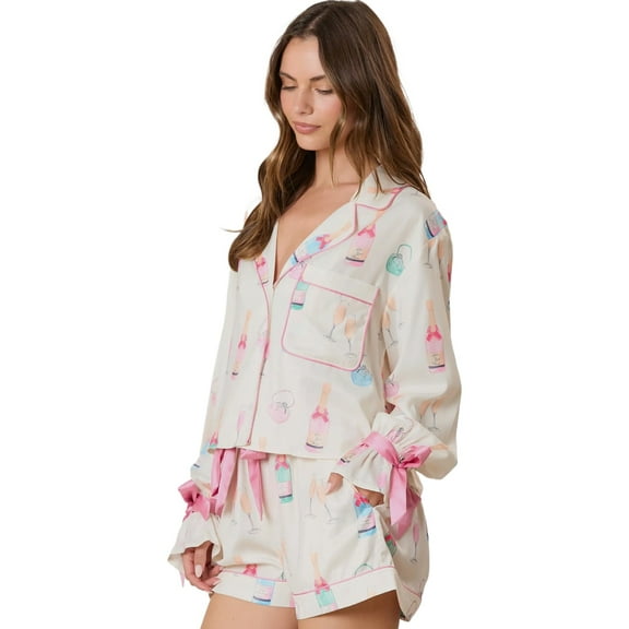 White Wine Glass Print Pajama Set for Women - Bow Knot Details | [ZhiHiMeRi] | (US 20-22)2XL