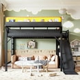 thumbnail image 3 of Leumius Queen Size Loft Bed with Slide, Storage Shelves and Built-in Wardrobe,Metal Loft Bed Frame with USB Ports and LED Lights,Pegboard,Black, 3 of 12