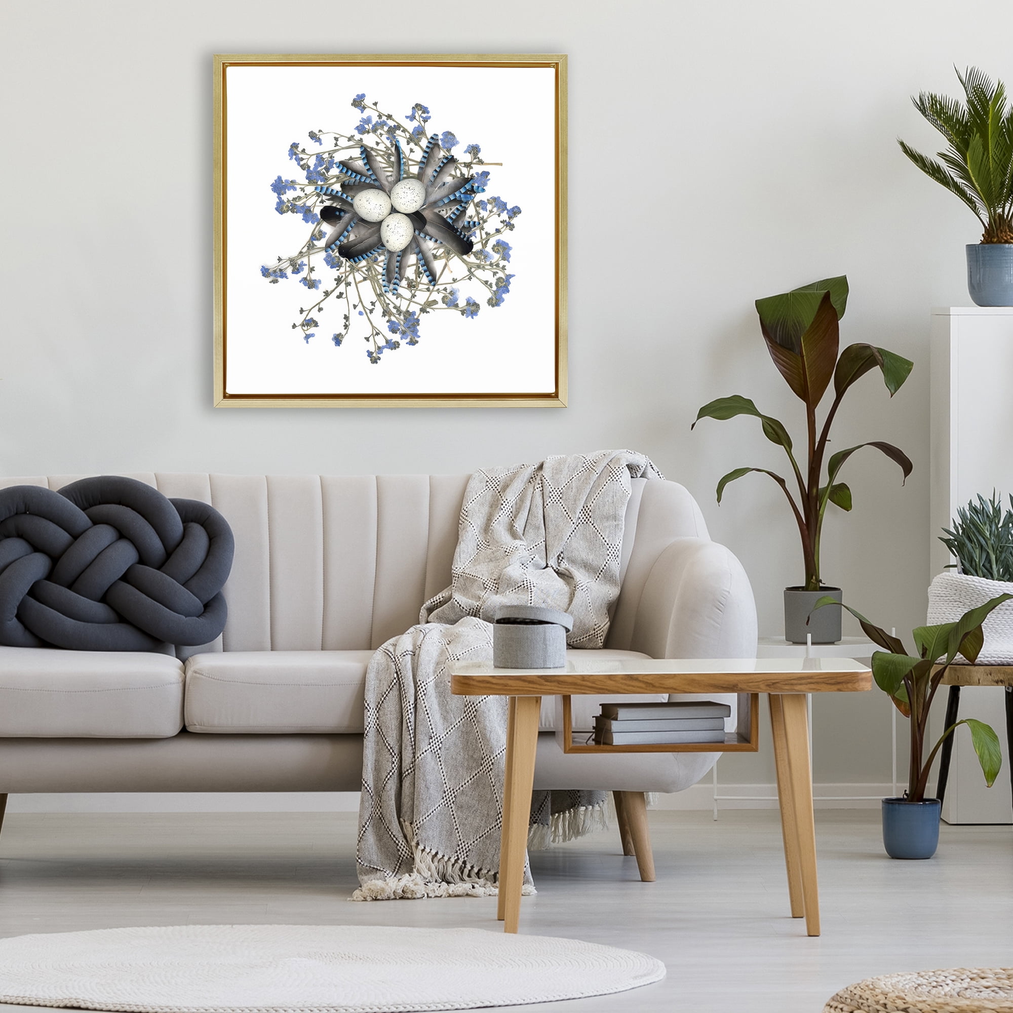 Stupell Industries Feathered Nest & Blue Florals Gold Framed Floater Canvas Wall Art, design by Beth Adoette