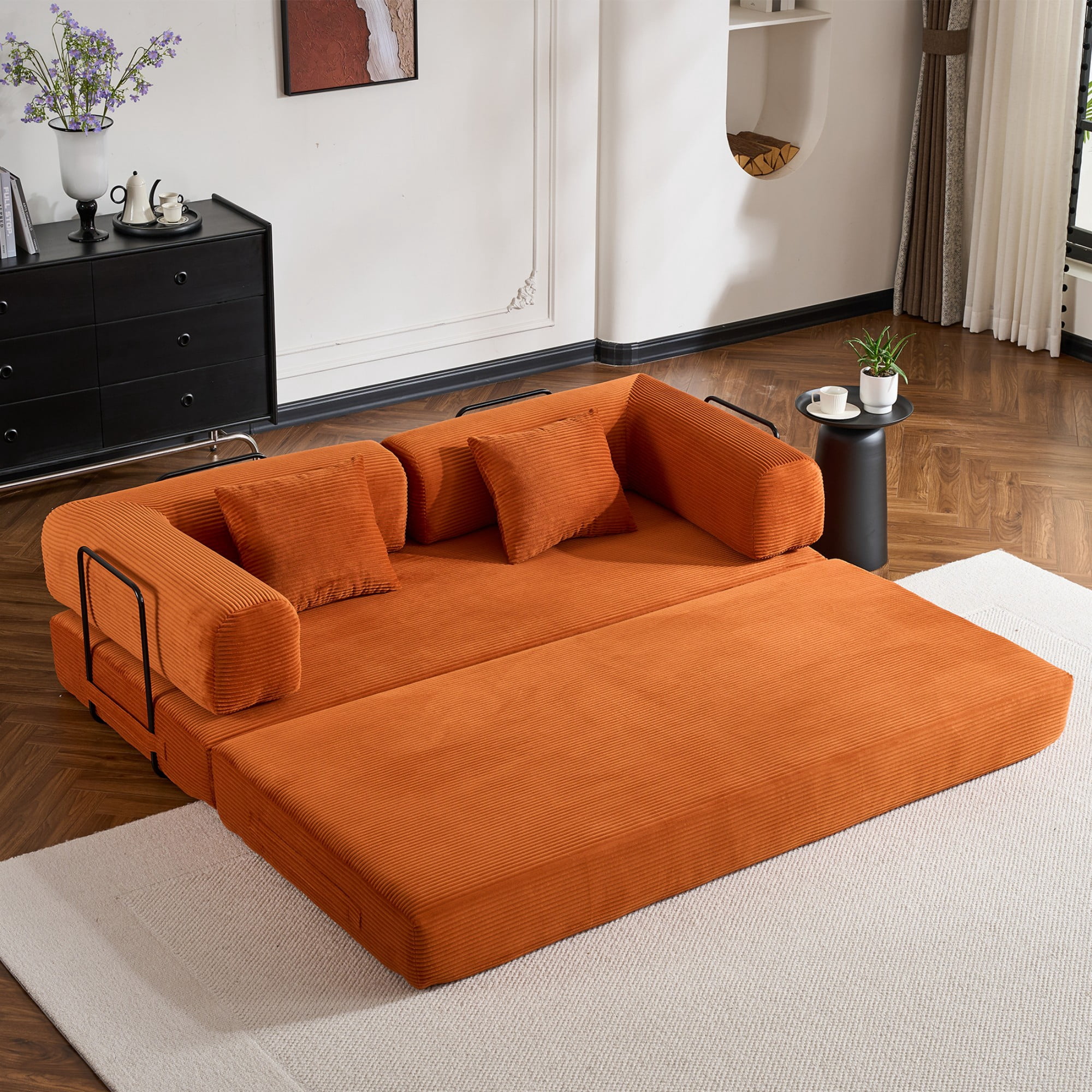 BSHTI 77" Corduroy Convertible Sleeper Sofa Bed with Cylindrical Pillow, No Assembly, Small Space for Living Room（Orange）
