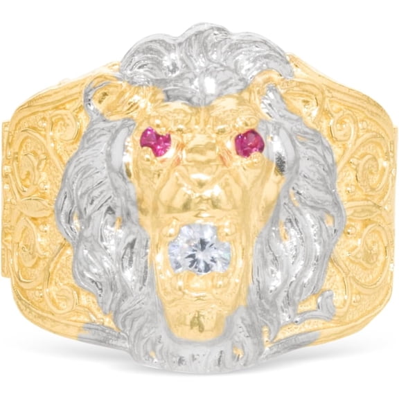 Floreo 10k Yellow Gold 19.4mm Lion Face Two-Tone Ruby Eyes CZ Ring, Size 7.5