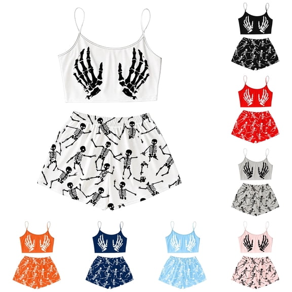 Xijirk Women Halloween Pajama Set Spaghetti Strap Crop Top with Shorts Skeleton Hand Print Loungewear for Sleepwear and Holiday Party,White,3XL