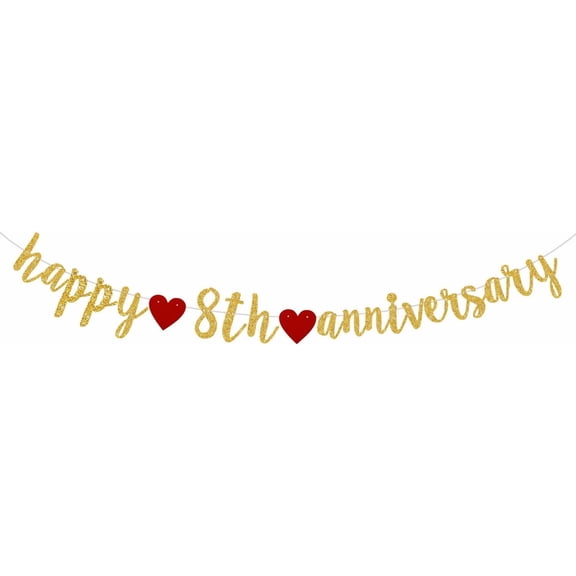 Happy 8th Anniversary Party Banner, Gold Gliter 8 Years Anniversary Garland,8th Wedding Anniversary Banner Party Decorations Suppilies.(Pre-Strung)