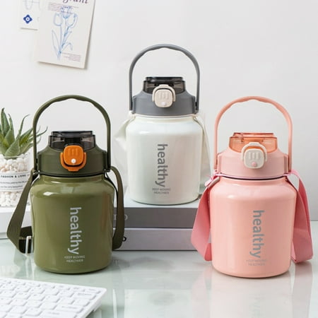 

1 Set 1000ML Thermal Water Bottle Portable Large Capacity Stainless Steel Straw Vacuum Insulated Flask with Sticker And Strap Outdoor Supply