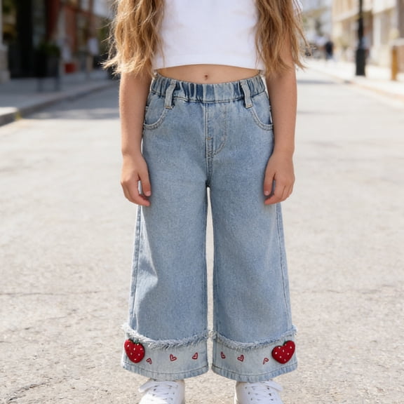 ITSAME Girls Straight Leg Jeans, Elastic Waist Cute Heart with Pockets Kids Loose Casual Denim Pants Blue Size 2