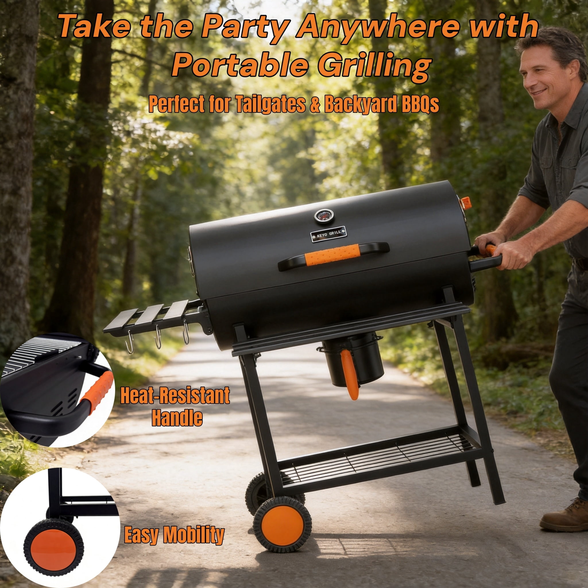 KEYO GRILL 537 SQ in Charcoal Grill with Foldable Side Shelf,Removable Ash Pan for Backyard,Black