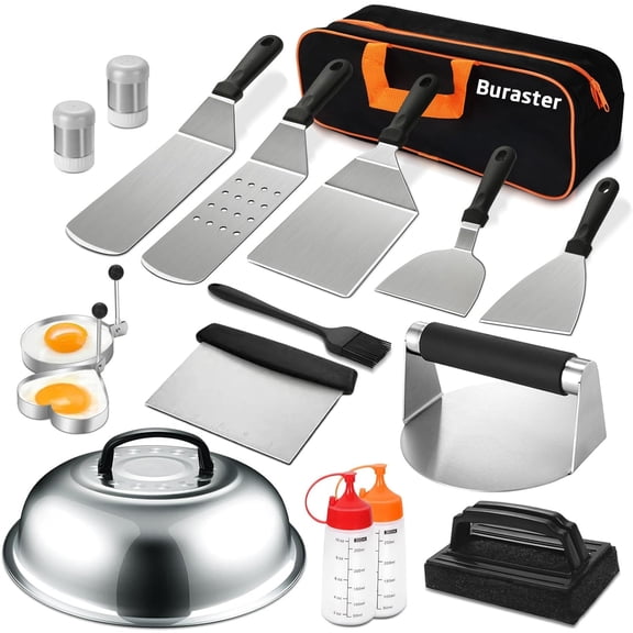 18PCS Griddle Accessories Kit, Flat Top Grill Accessories Set, Grill Spatula Set with Enlarged Spatulas, Basting Cover, Scraper for BBQ Idel Gift