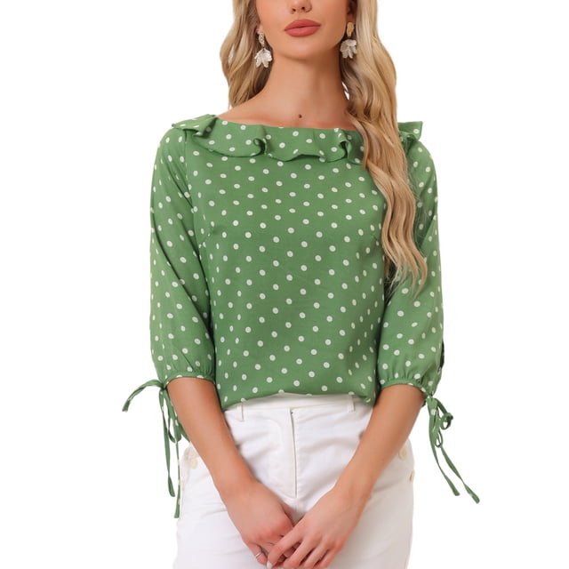 Blusa de verano con puntos de polka y cuello con volantes para mujer, de media manga, XS, verde polvo