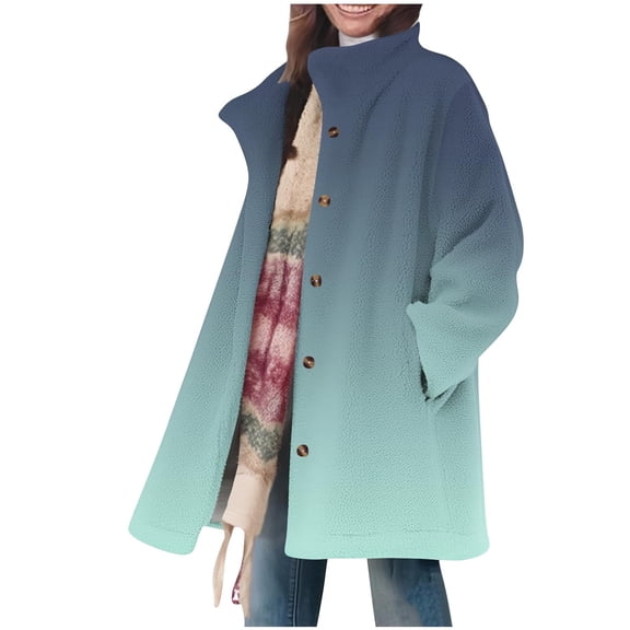 XPMWRP Women's Plus Size Gradient Color Fleece Jacket Long Sleeve Button Down Casual Coats Lapel Collar Winter Loose Jacket with Pockets Green S