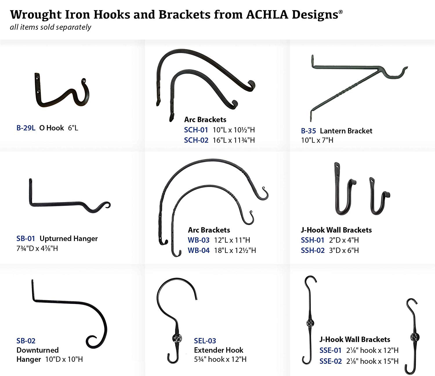 Black Achla Designs SB-01 Upturned Hanger 8-Inch Wall Bracket Hook