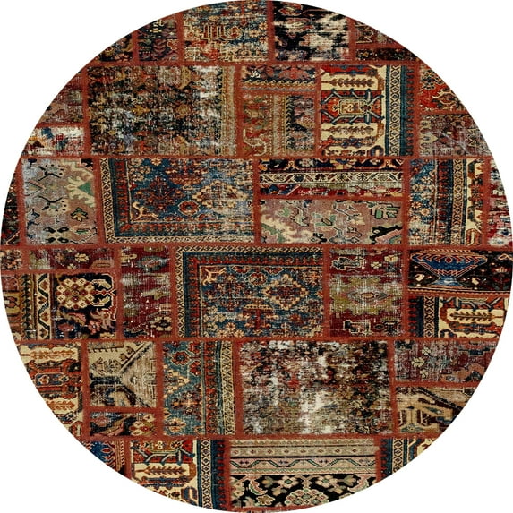 Ahgly Company Indoor Round Abstract Dark Gold Brown Patchwork Area Rugs, 4' Round