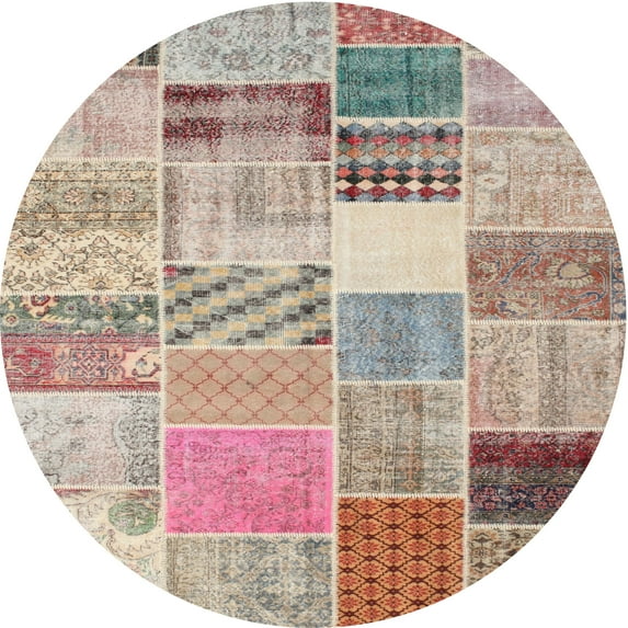 Ahgly Company Indoor Round Contemporary Orange Salmon Pink Patchwork Area Rugs, 3' Round