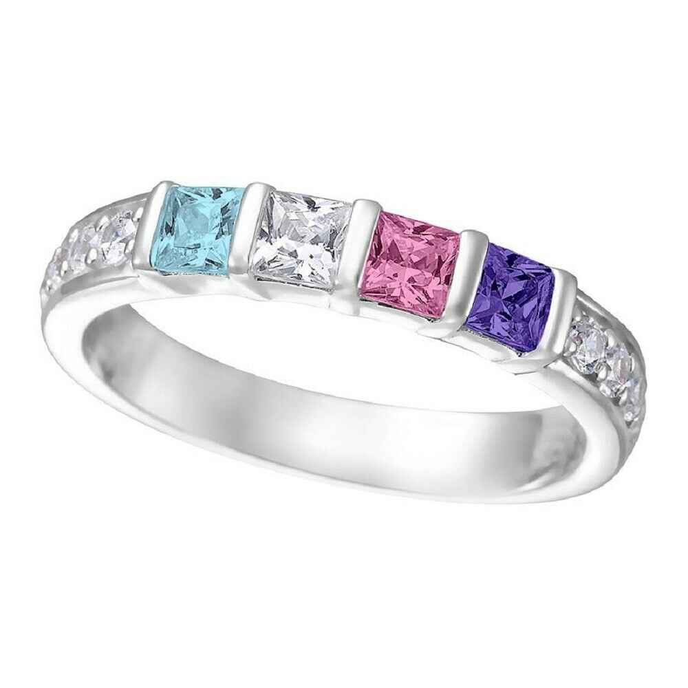 S-Bar with Sides Mothers Ring w/ 1 to 6 Simulated Birthstones in Sterling Silver or 10K Gold