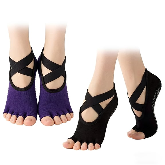 Pilates Ballet Socks Toeless Non-Slip Gripper Open Toe Socks for Women Black & Purple 2 Pairs