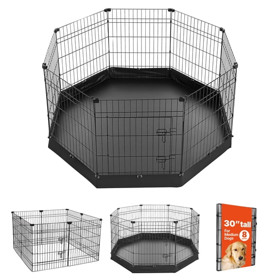 VEVOR Dog Playpen 30 Inch 8 Panels Foldable Exercise Pen with Bottom Pad, Indoor Metal Pet Fence with Door, Heavy Duty Puppy Crate Kennel, Pet Playpen for Dogs, Cats, and Other Small Animals, Black
