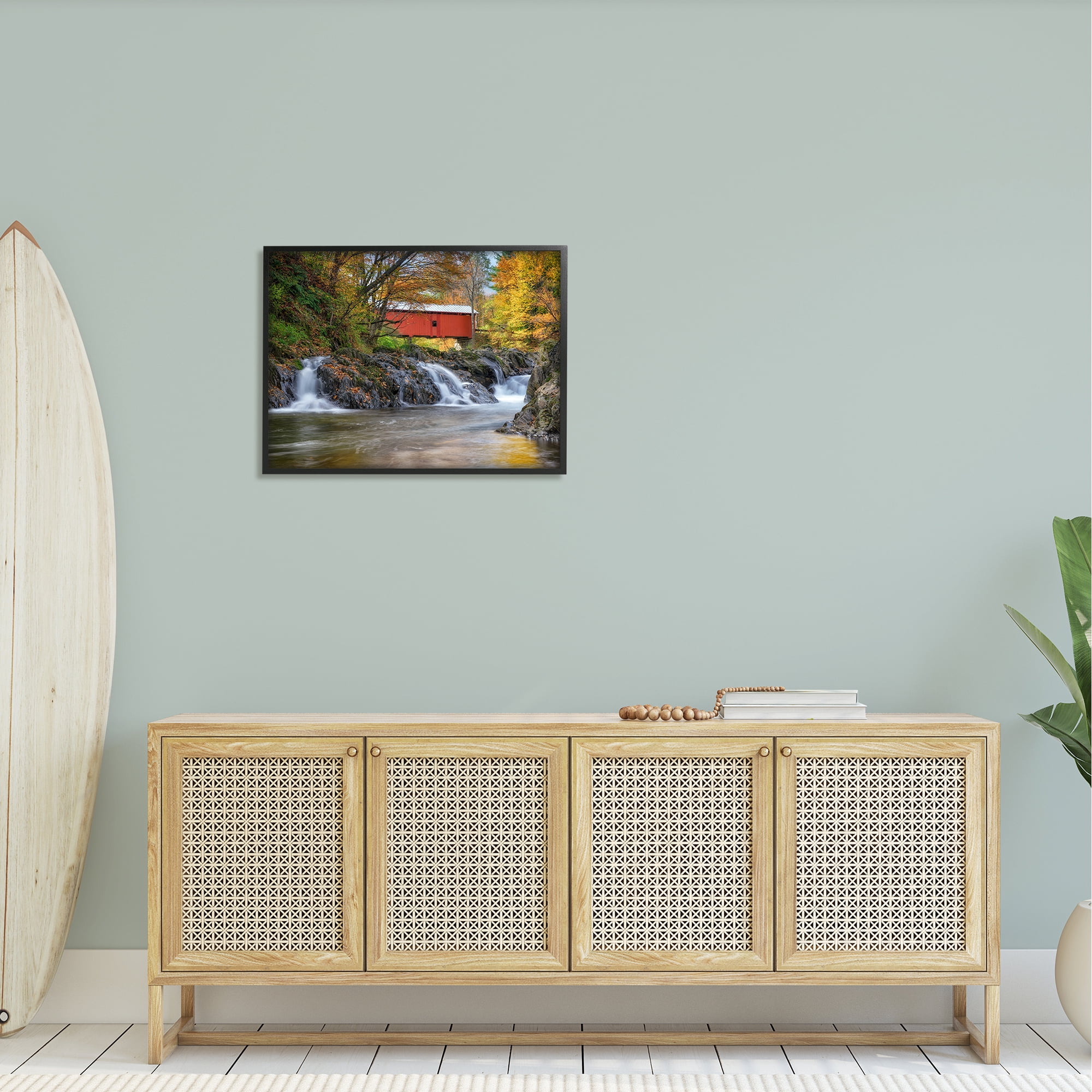 Stupell Bridge Waterfalls Flowing River Foliage Landscape Photography Black Framed Art Print Wall Art