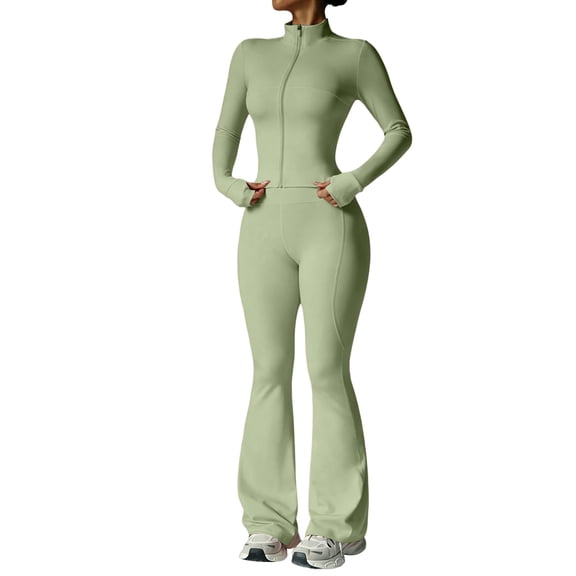 TZZQ Womens 2 Piece Yoga Outfits Fitted Long Sleeve Zipper Crop Jackets High Waist Elastic Flare Pants Slim Fit Casual Matching Outfits Flare Legging Workout Sets Athletic Sets Light Green S