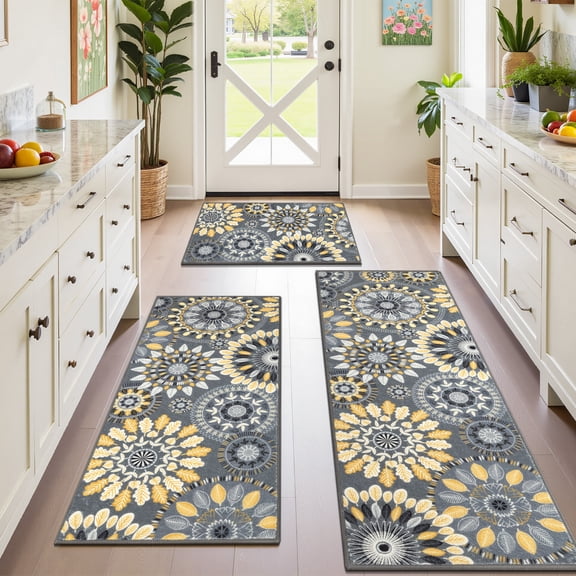 Findosom 3pcs Boho Kitchen Rug Set, Farmhouse Kitchen Runner Rugs and Mat, Washable Non Slip Kitchen Mats Vintage Kitchen Floor Mat Carpet for Hallway Laundry Room Sink 20"x32" 20"x47" 20"x59" Yellow