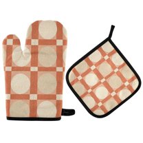 Yayeee Oven Mitts and Pot Holder Set of 2 Heat Resistant Kitchen Gloves Baking Hot Pad, Beige Geometric