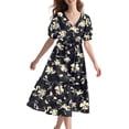 thumbnail image 1 of Vestido midi YESNO de verano con estampado floral con cuello en V y manga abullonada 3XL para mujer, 1 of 5