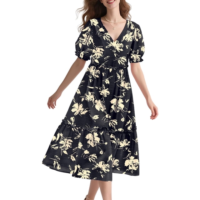 Vestido midi YESNO de verano con estampado floral con cuello en V y manga abullonada 3XL para mujer